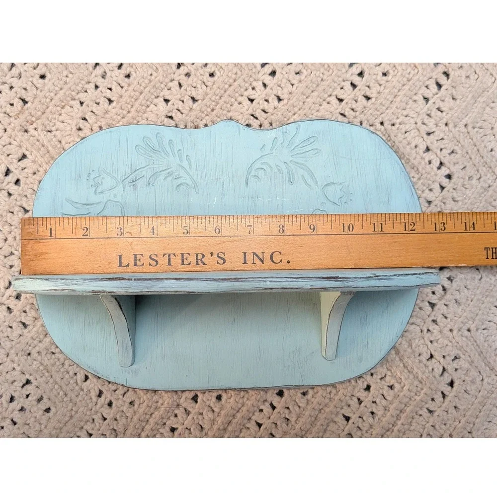 Vintage Handcrafted Light Blue Wood Wall Shelf Floral Carved Distressed 12.5in